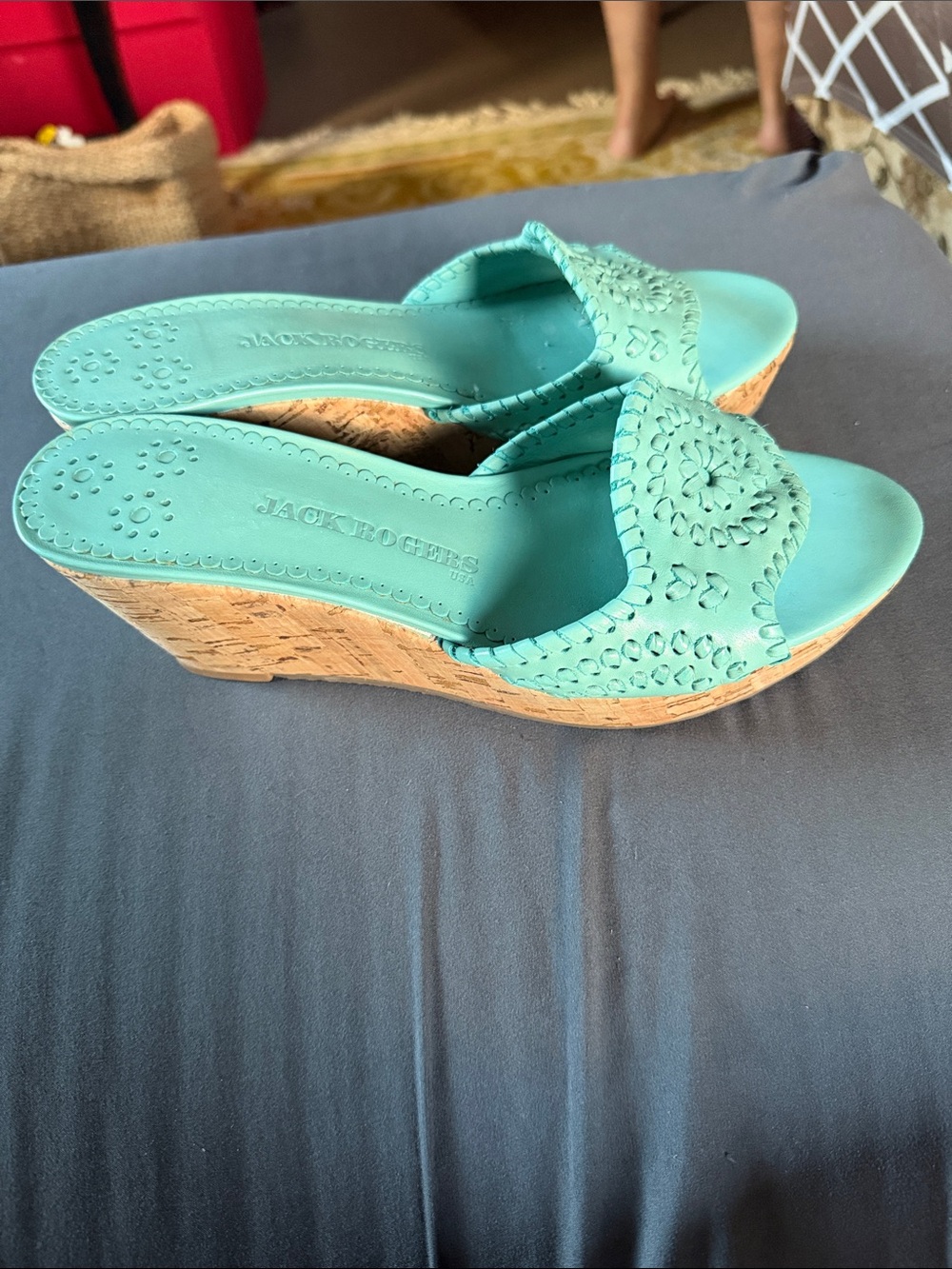 Jack Rogers Barcelona Capri Cork Wedge Sandals Turquoise Size 9 - Picture 2 of 5